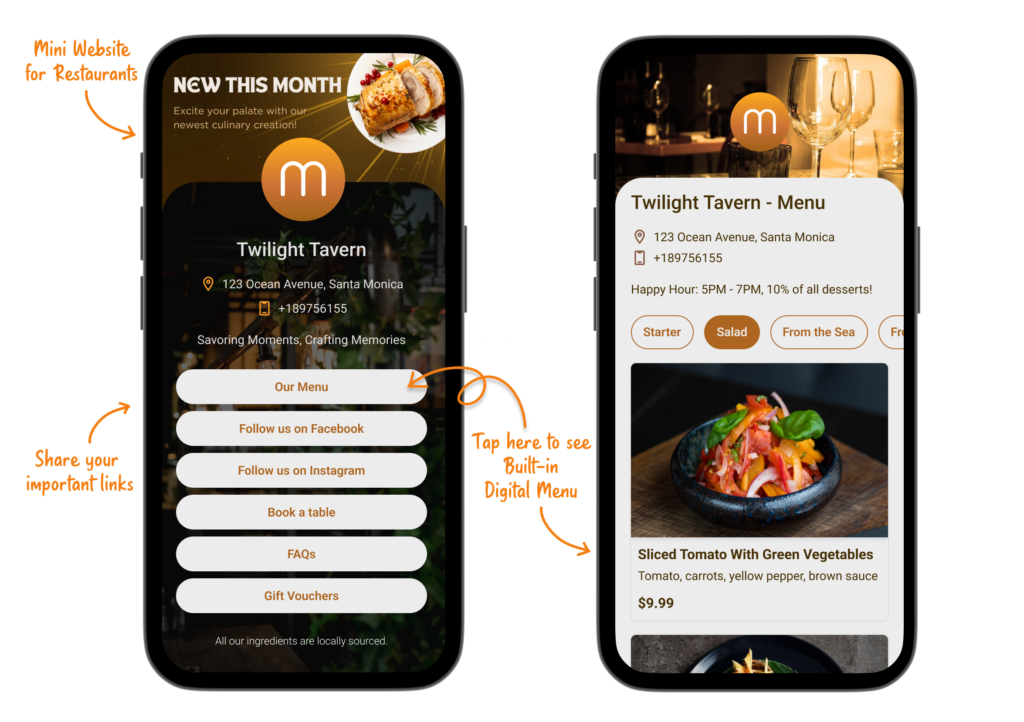 Digital menu with mini website